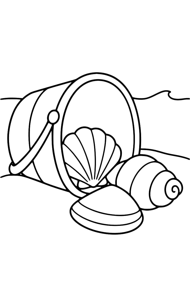 Dessin au trait noir d’un seau couché, avec son anse sur le côté, et de trois coquillages : un en éventail, un en spirale et un arrondi au premier plan.