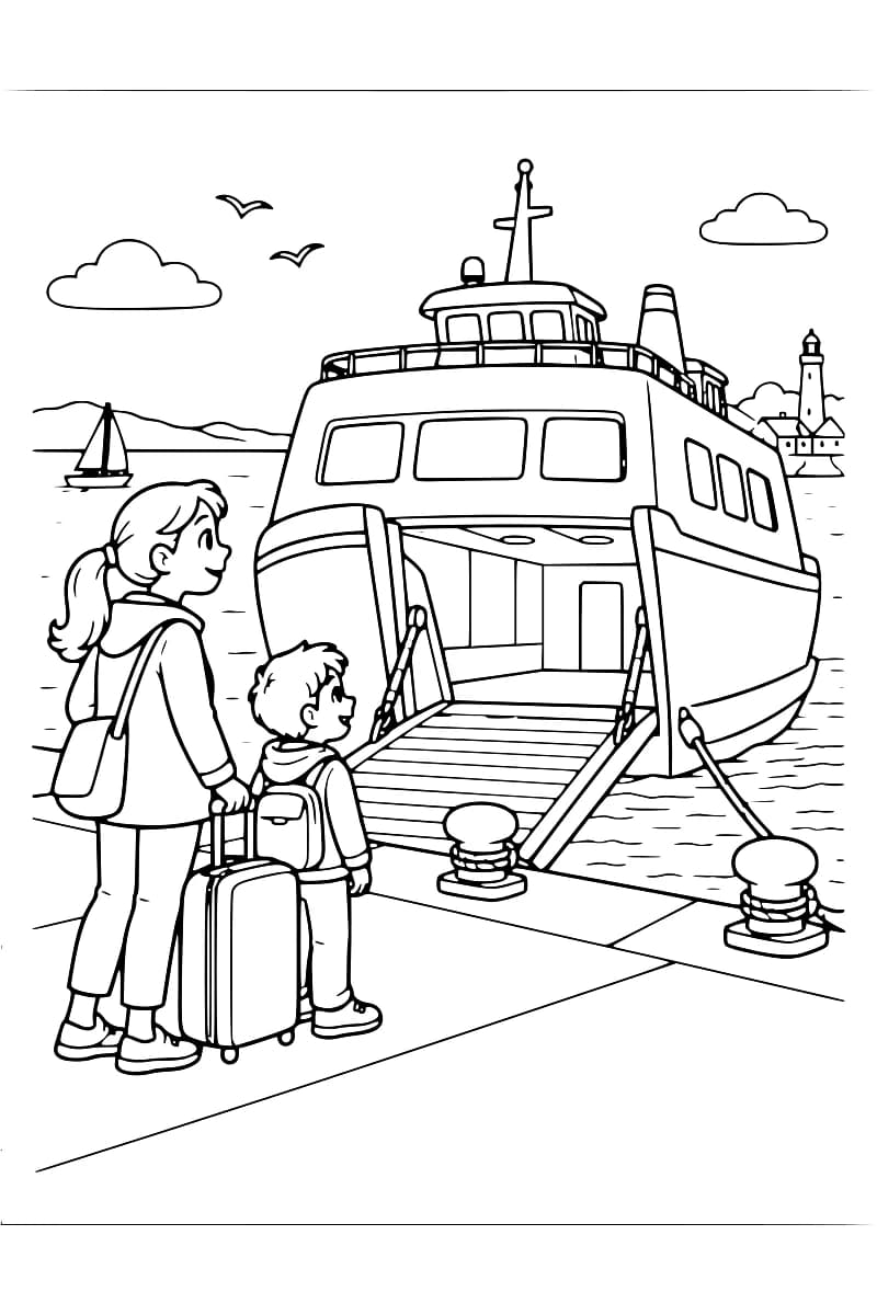 Dessin en noir et blanc d’un adulte et d’un enfant avec des sacs et une valise à roulettes, face à un ferry amarré dont la rampe est abaissée sur le quai ; un voilier, un phare et des oiseaux apparaissent à l’arrière-plan.