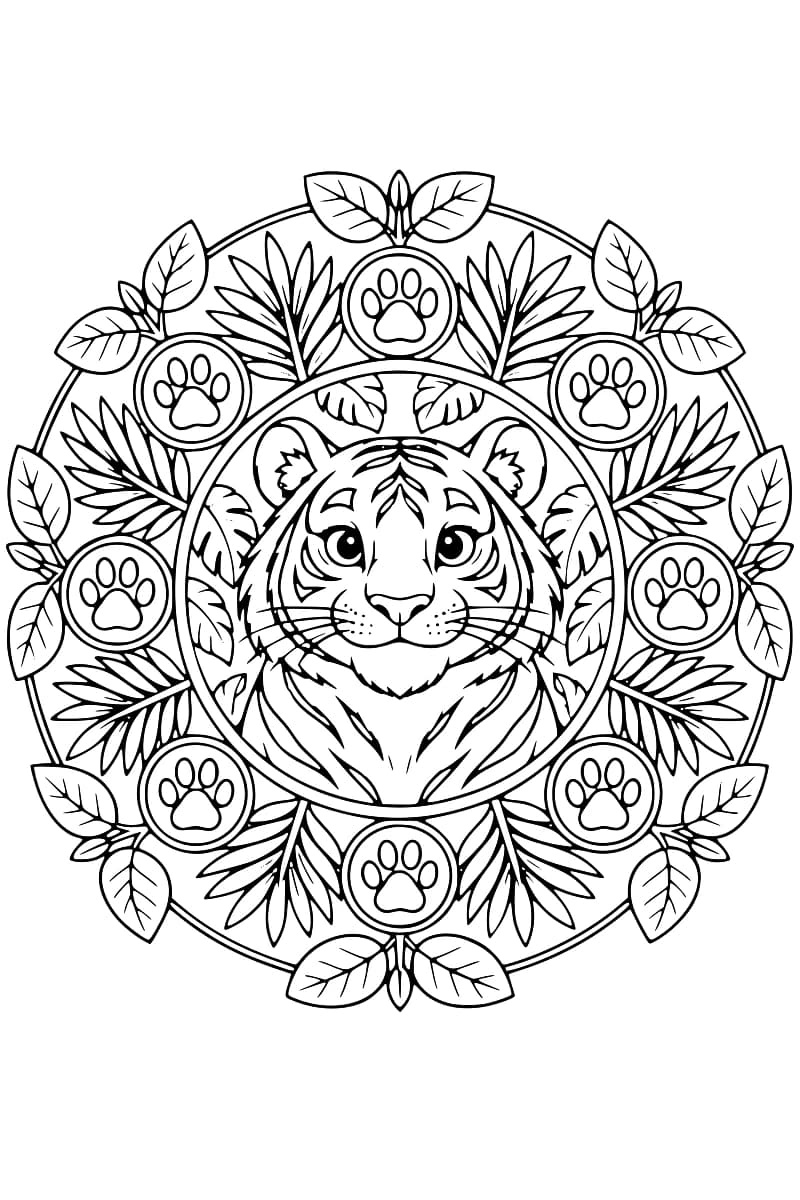 Dessin en noir et blanc d’un tigre vu de face au centre d’un mandala circulaire, entouré de feuilles larges, de palmes et de huit médaillons contenant des empreintes de pattes.