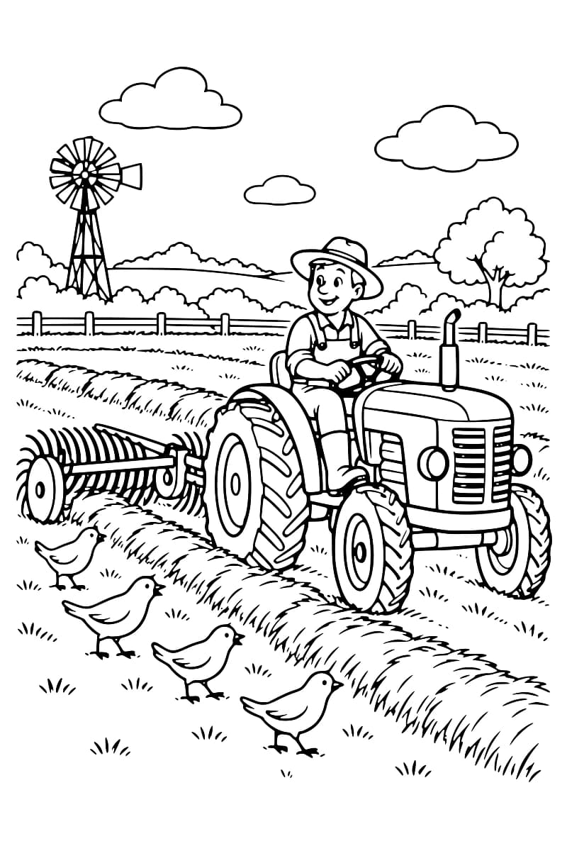 Dessin en noir et blanc d’un fermier au volant d’un tracteur attelé à un râteau à foin, près de rangées de foin et de quatre oiseaux, avec une clôture, une éolienne agricole, un arbre et des nuages à l’arrière-plan.