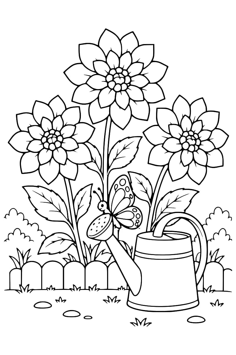 Dessin en noir et blanc de trois grands dahlias feuillus derrière un arrosoir, avec un papillon posé sur son bec, une clôture basse, des touffes d’herbe et quelques cailloux.