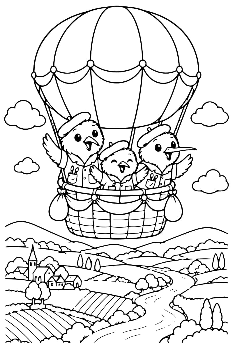 Dessin en noir et blanc de trois oiseaux en béret dans la nacelle d’une grande montgolfière, les ailes levées, avec des nuages autour et, en dessous, des champs, des arbres, un village avec une église et une rivière sinueuse.