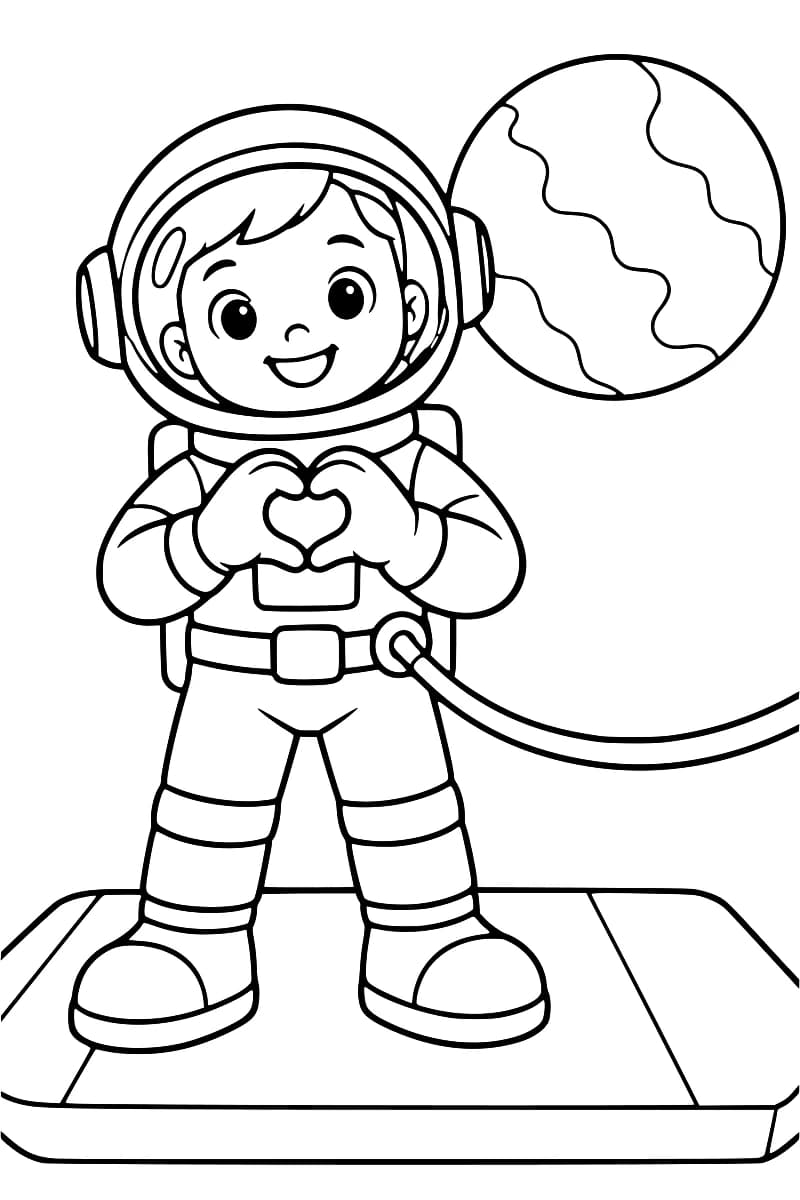 Dessin en noir et blanc d’un jeune astronaute souriant, debout sur une plateforme, qui forme un cœur avec ses mains gantées. Un câble est relié à sa combinaison et une planète apparaît derrière lui.