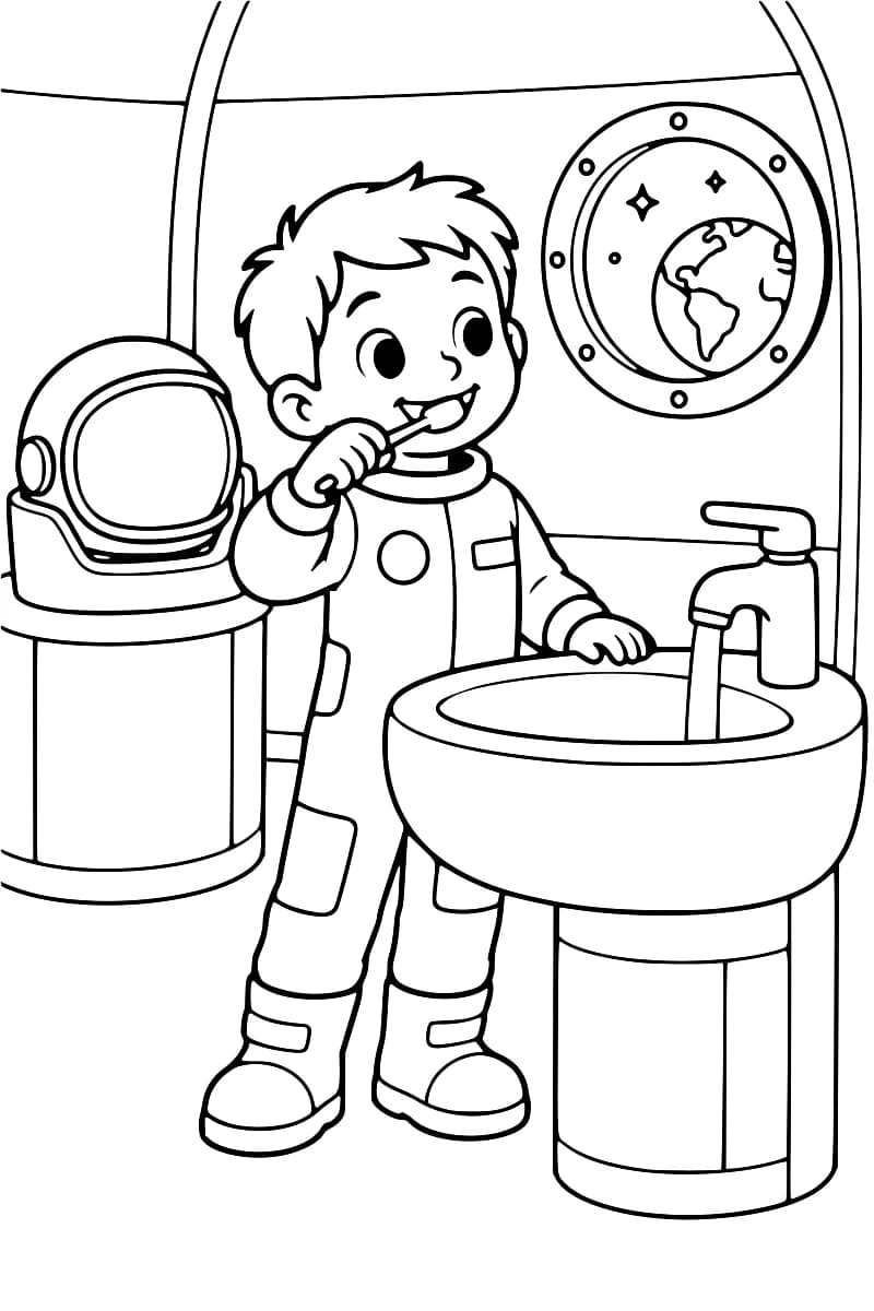 Dessin en noir et blanc d’un jeune astronaute se brossant les dents devant un lavabo au robinet ouvert, avec son casque sur un support à gauche et la Terre et des étoiles visibles par un hublot.