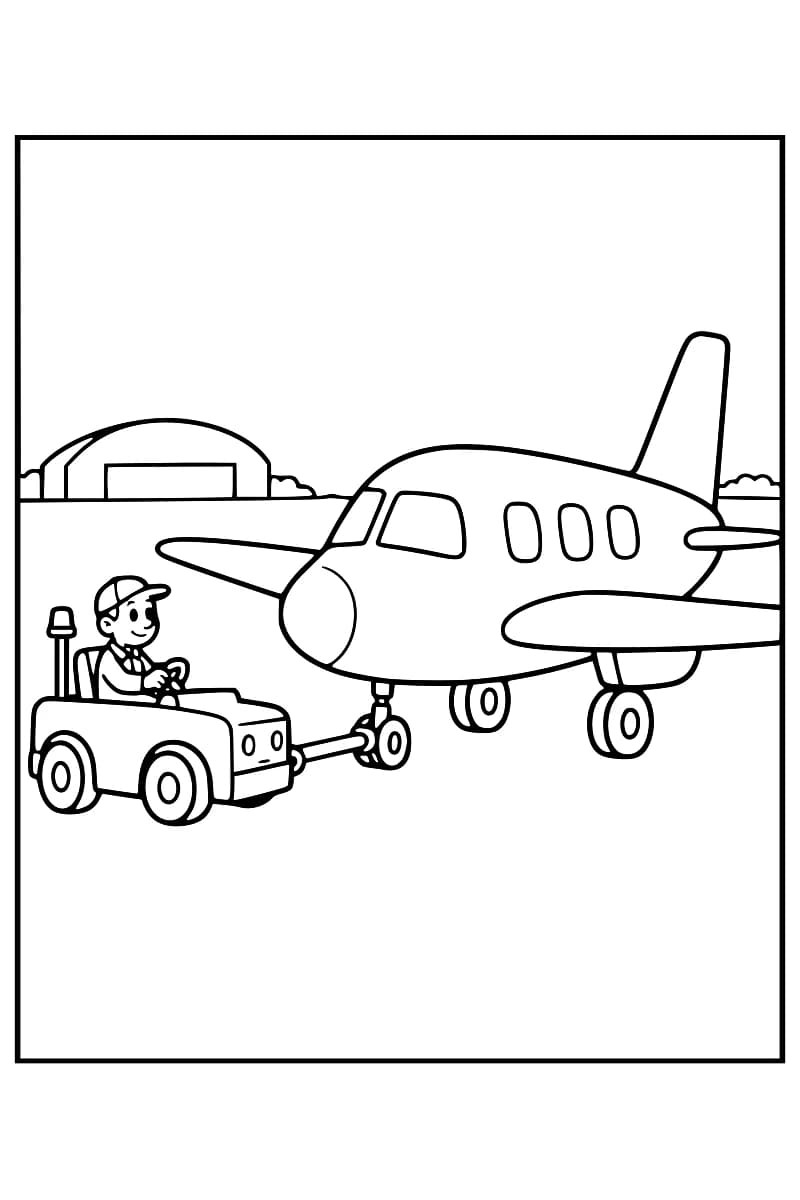 Dessin en noir et blanc d’un avion relié par une barre à un tracteur de piste avec un conducteur, devant un hangar.