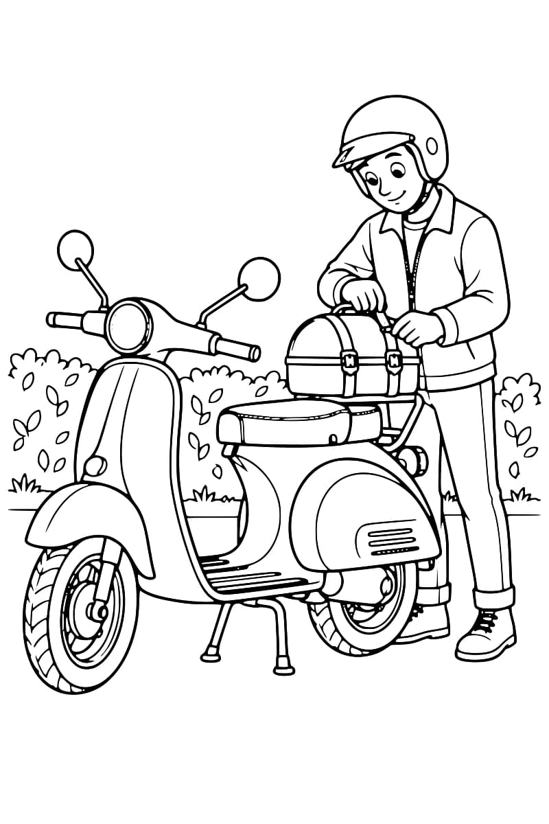 Dessin en noir et blanc d’une personne casquée debout près d’un scooter sur sa béquille centrale, les mains sur les sangles d’un bagage à l’arrière, avec des buissons en arrière-plan.