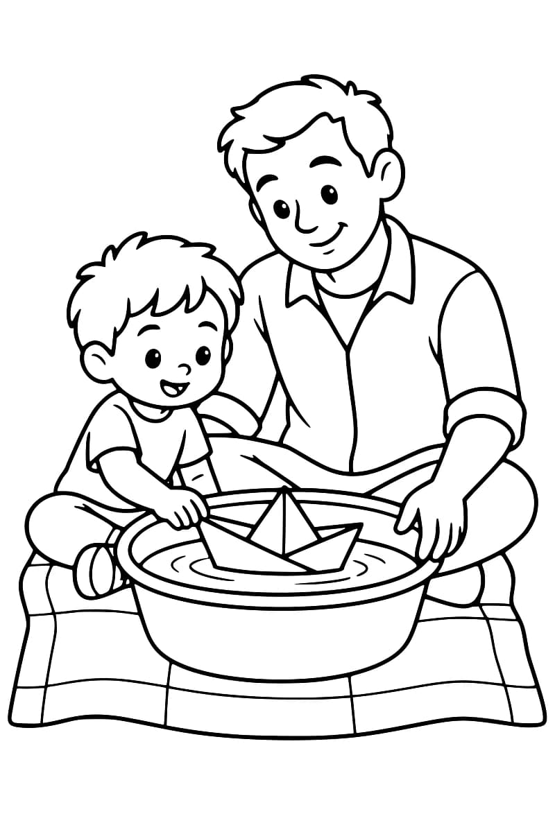 Dessin en noir et blanc d’un père et de son enfant assis sur une couverture à carreaux, devant une bassine remplie d’eau où flotte un bateau en papier.