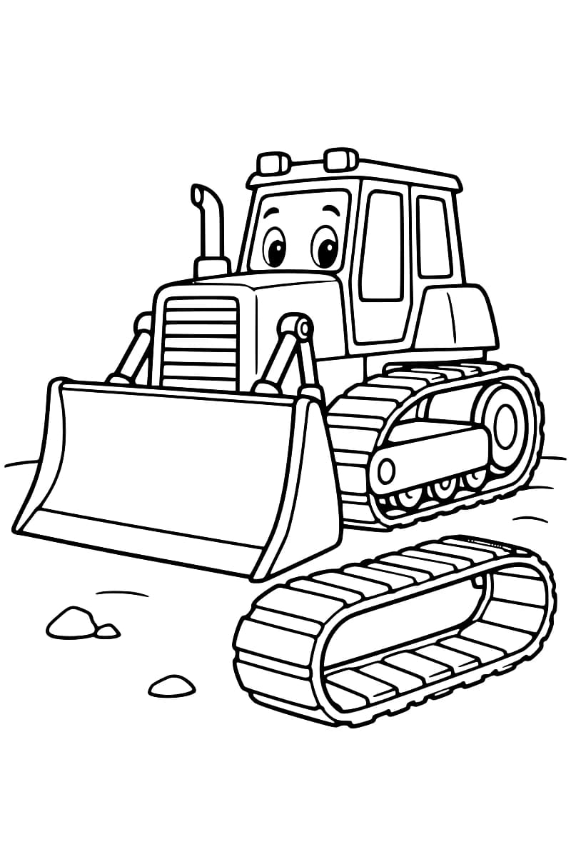 Dessin en noir et blanc d’un bulldozer avec des yeux sur le pare-brise et une large lame à l’avant, accompagné d’une chenille détachée au premier plan et de quelques cailloux.