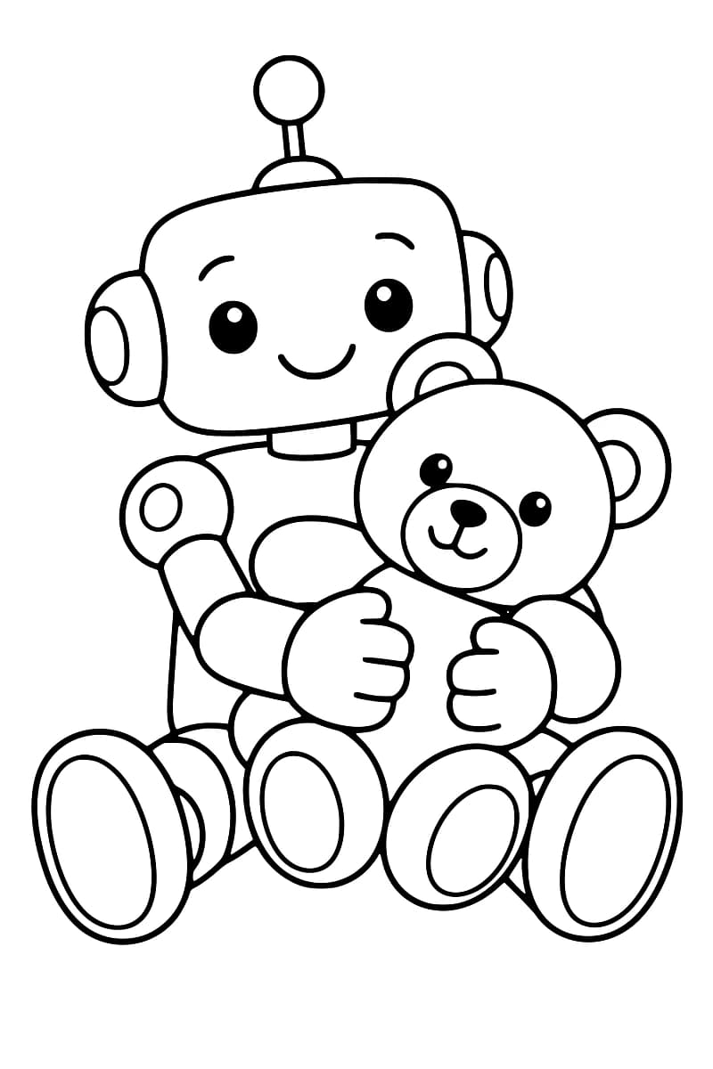 Dessin en noir et blanc d’un robot souriant assis, tenant un ours en peluche dans ses bras.