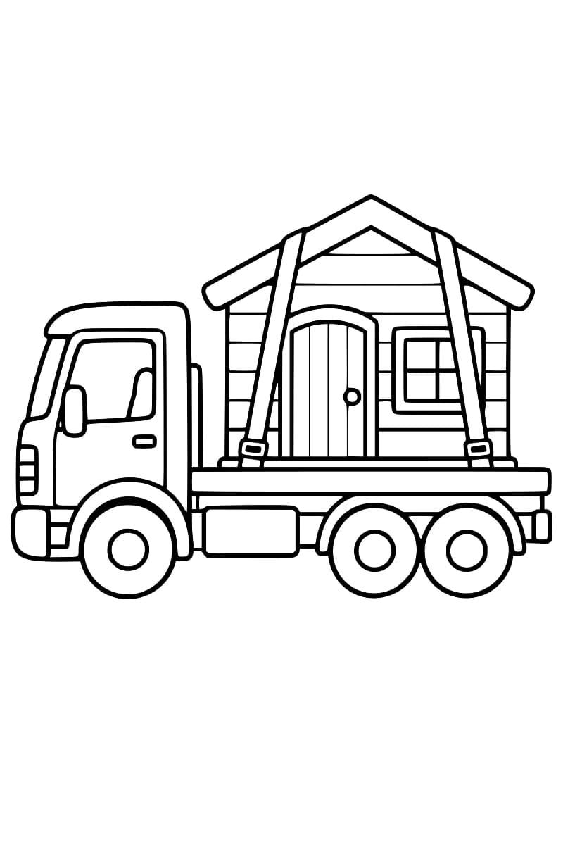 Dessin en noir et blanc d’un camion à plateau vu de profil, portant une maisonnette au toit à deux pans, avec une porte et une fenêtre, fixée par deux sangles.