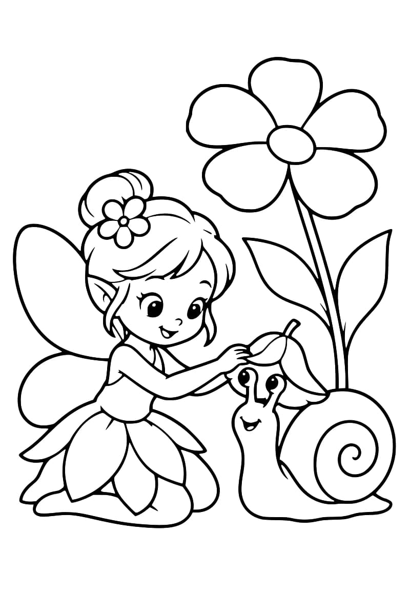 Dessin en noir et blanc d’une petite fée ailée, coiffée d’un chignon fleuri et vêtue d’une robe de pétales, posant ses mains sur le chapeau d’un escargot souriant, avec une grande fleur en arrière-plan.