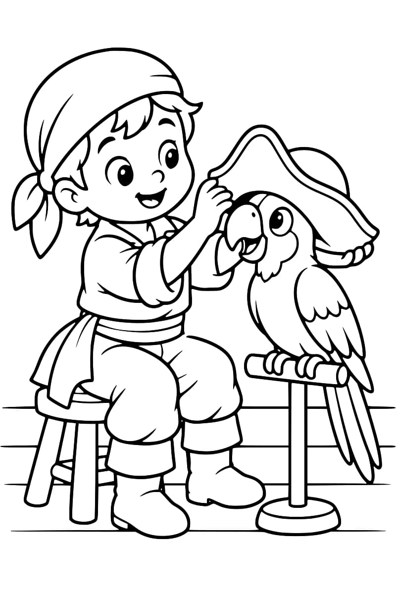 Dessin à colorier d’un jeune pirate souriant, coiffé d’un foulard et assis sur un tabouret, tenant un grand chapeau sur la tête d’un perroquet installé sur un perchoir.