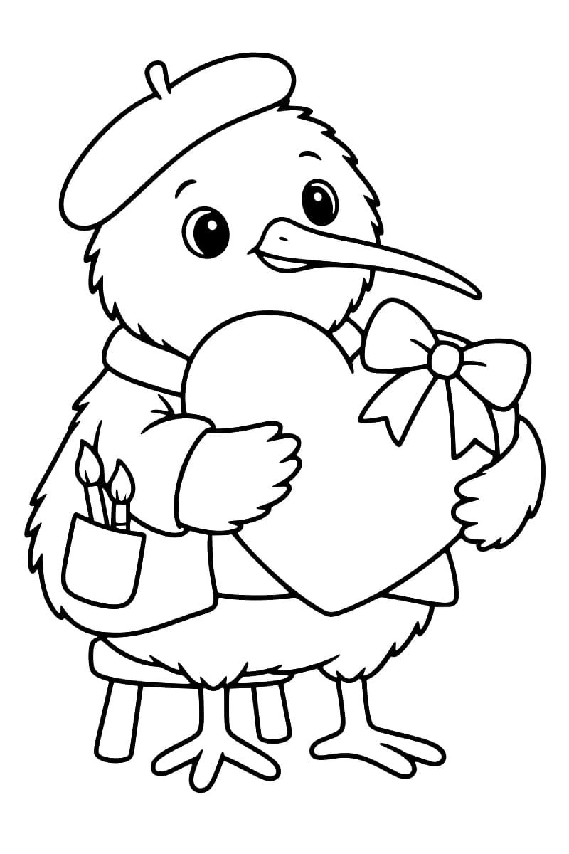 Dessin en noir et blanc d’un kiwi au long bec, portant un béret et un vêtement avec deux pinceaux dans la poche, assis sur un tabouret et tenant un grand cœur décoré d’un nœud.