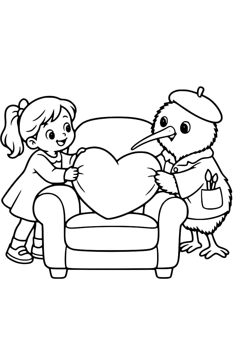 Dessin en noir et blanc d’une petite fille et d’un kiwi portant un béret et une veste avec des pinceaux dans la poche, tenant un coussin en forme de cœur au-dessus de l’assise d’un fauteuil.
