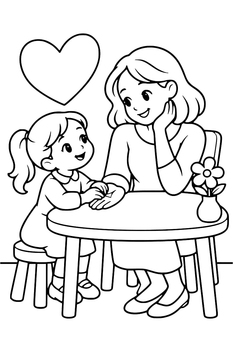 Dessin à colorier d’une petite fille et de sa maman assises à une table, souriantes, leurs mains se touchant sur la table ; un vase avec une fleur est posé à droite et un grand cœur flotte au-dessus de l’enfant.