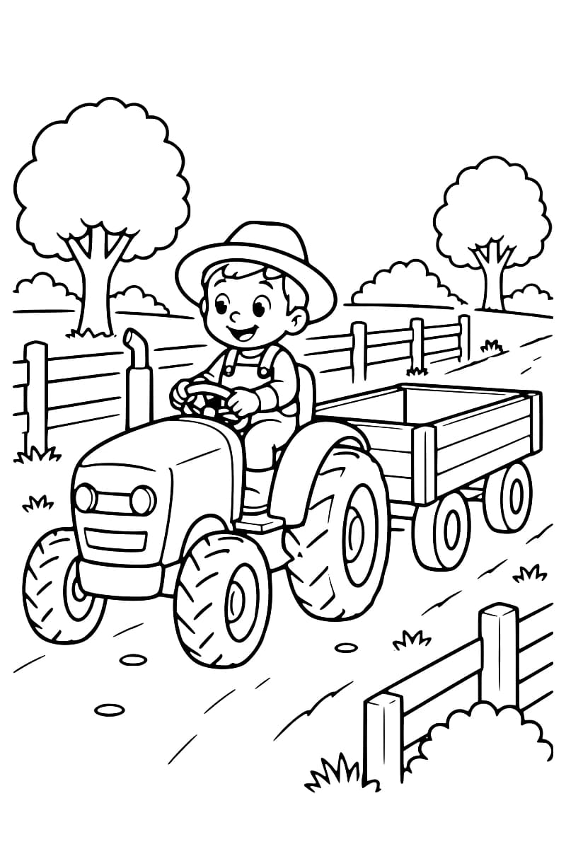 Dessin en noir et blanc d’un enfant souriant, en chapeau et salopette, au volant d’un tracteur tirant une remorque vide, avec des clôtures, des arbres et des buissons autour du chemin.