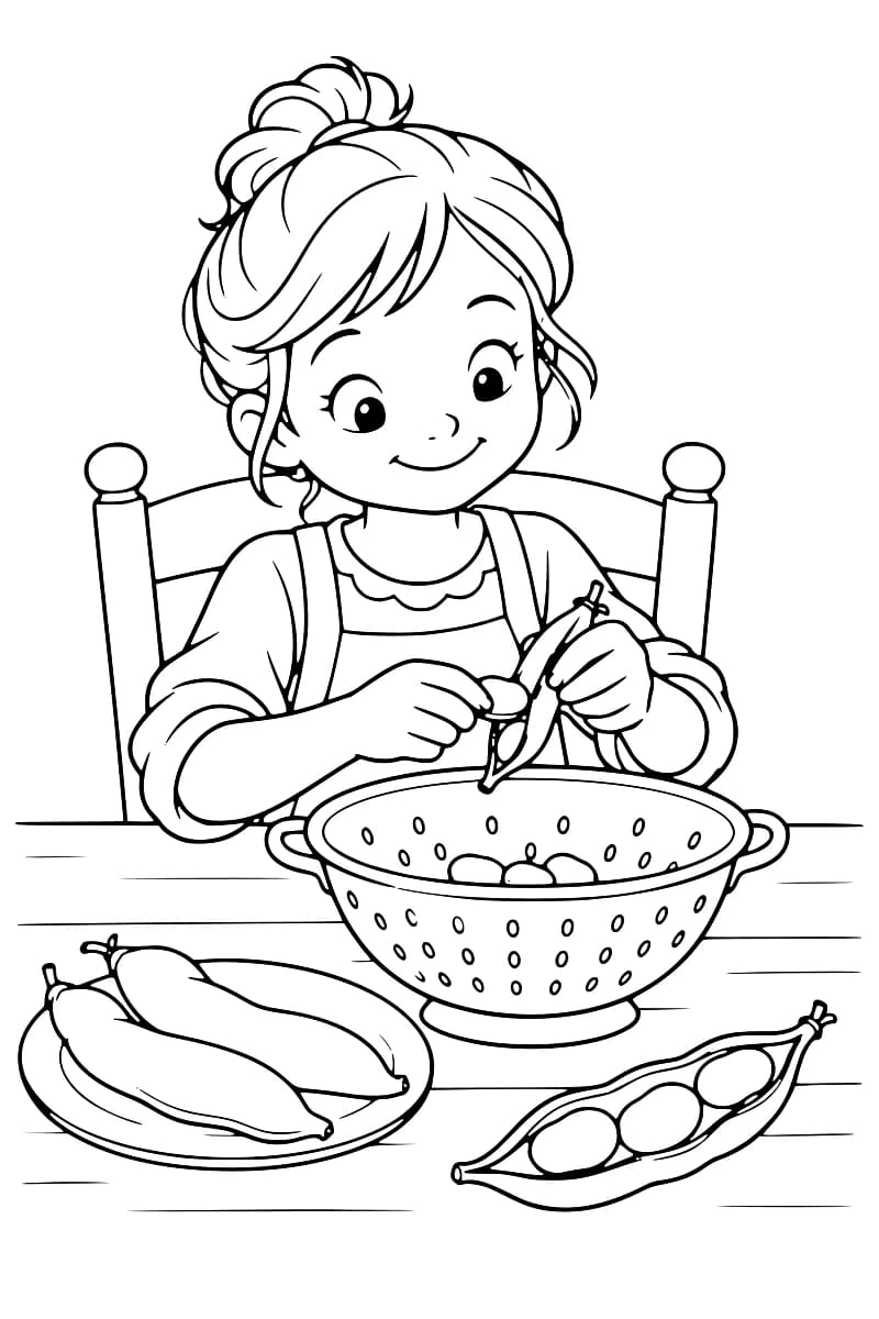 Dessin en noir et blanc d’un enfant assis à une table, ouvrant une gousse de fèves au-dessus d’une passoire contenant quelques graines, avec une assiette de gousses à gauche et une gousse ouverte à droite.