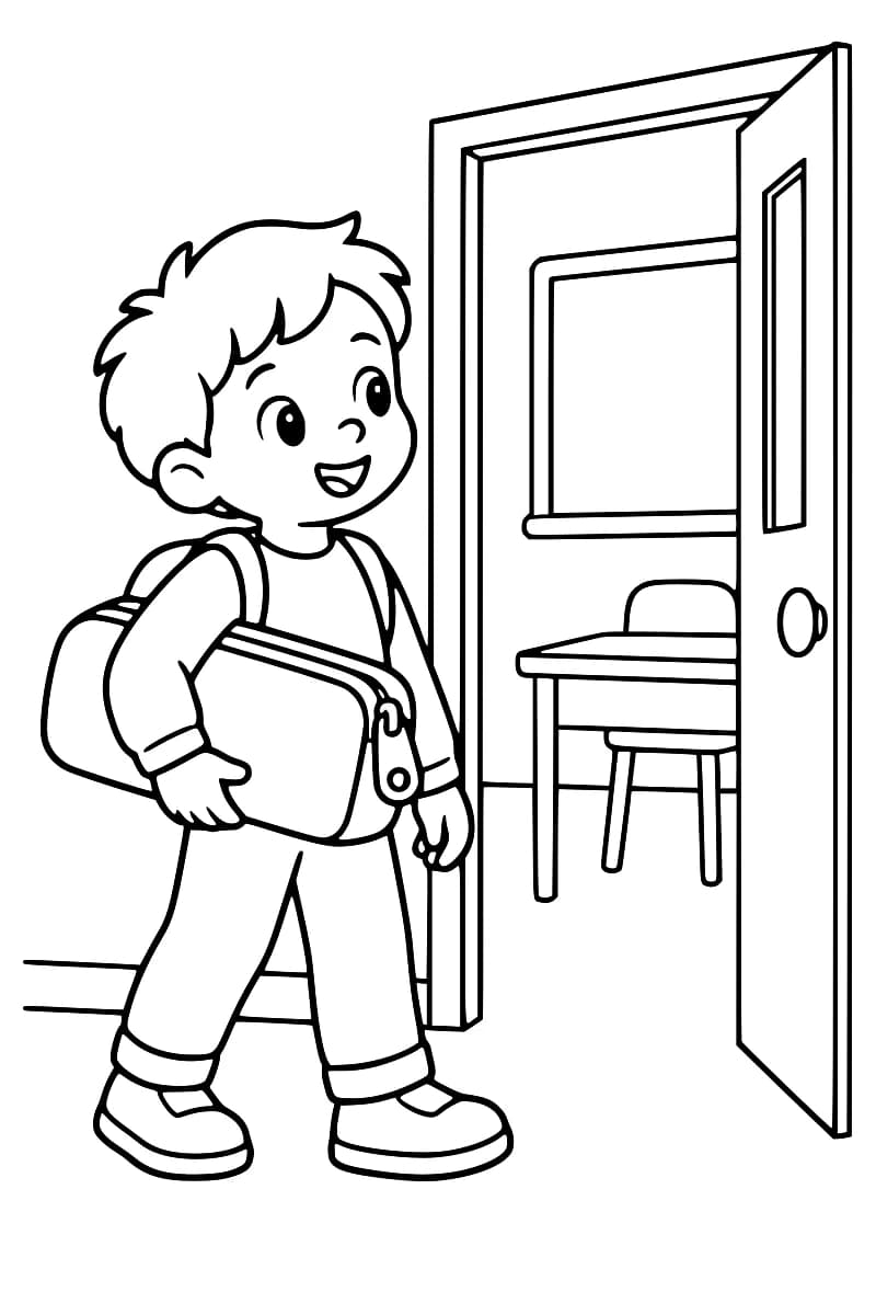Dessin en noir et blanc d’un enfant souriant avec un sac à dos, tenant un cahier sous le bras devant une salle de classe ouverte.