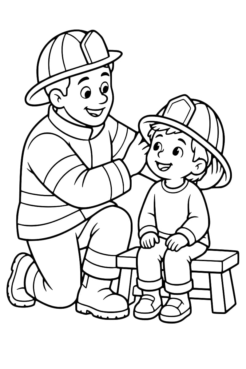 Dessin en noir et blanc d’un pompier en tenue, un genou à terre, aidant un enfant souriant assis sur un banc à porter un grand casque de pompier.