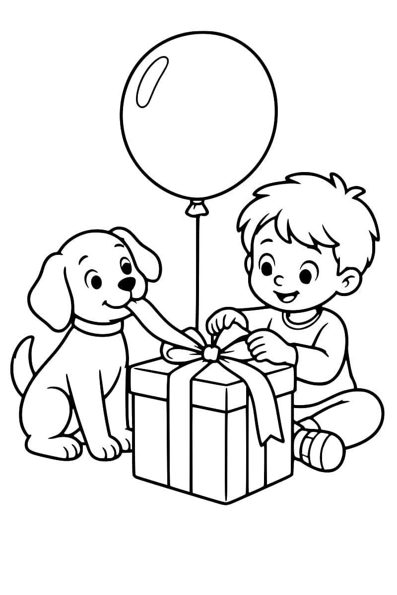 Dessin en noir et blanc d’un enfant assis devant un gros cadeau à ruban, accompagné d’un chien qui tient une extrémité du ruban dans sa bouche, avec un ballon au-dessus.