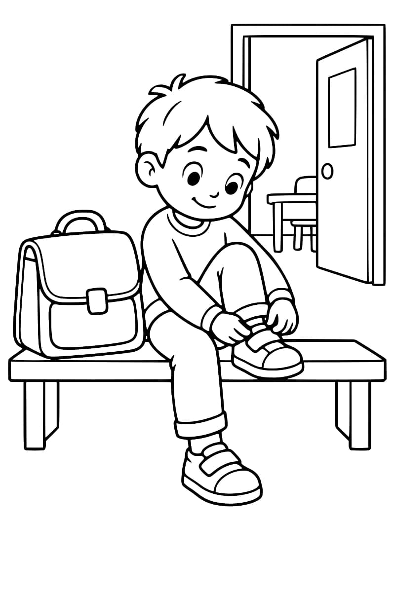Dessin en noir et blanc d’un enfant assis sur un banc, une jambe repliée, fermant sa chaussure à scratch ; un cartable est posé à côté de lui et une porte ouverte laisse voir une table et une chaise.