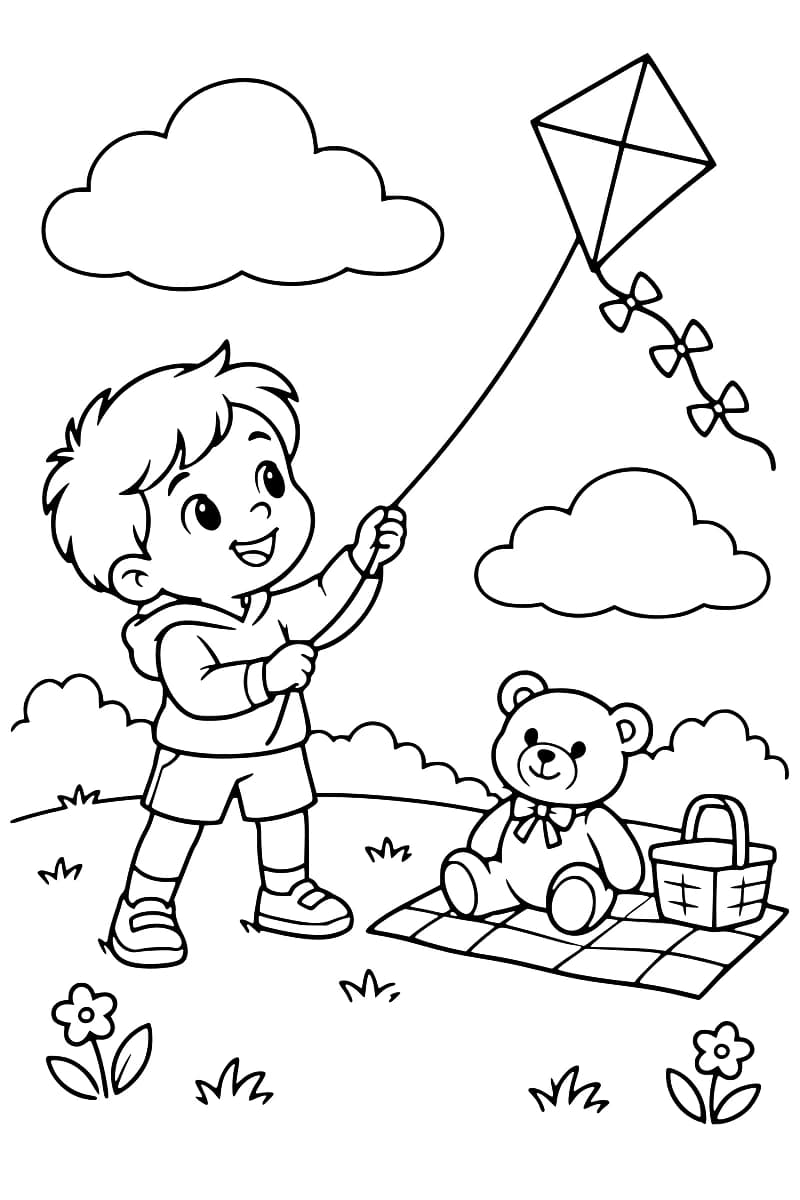 Dessin en noir et blanc d’un enfant faisant voler un cerf-volant, avec un ours en peluche assis sur une couverture dans l’herbe.