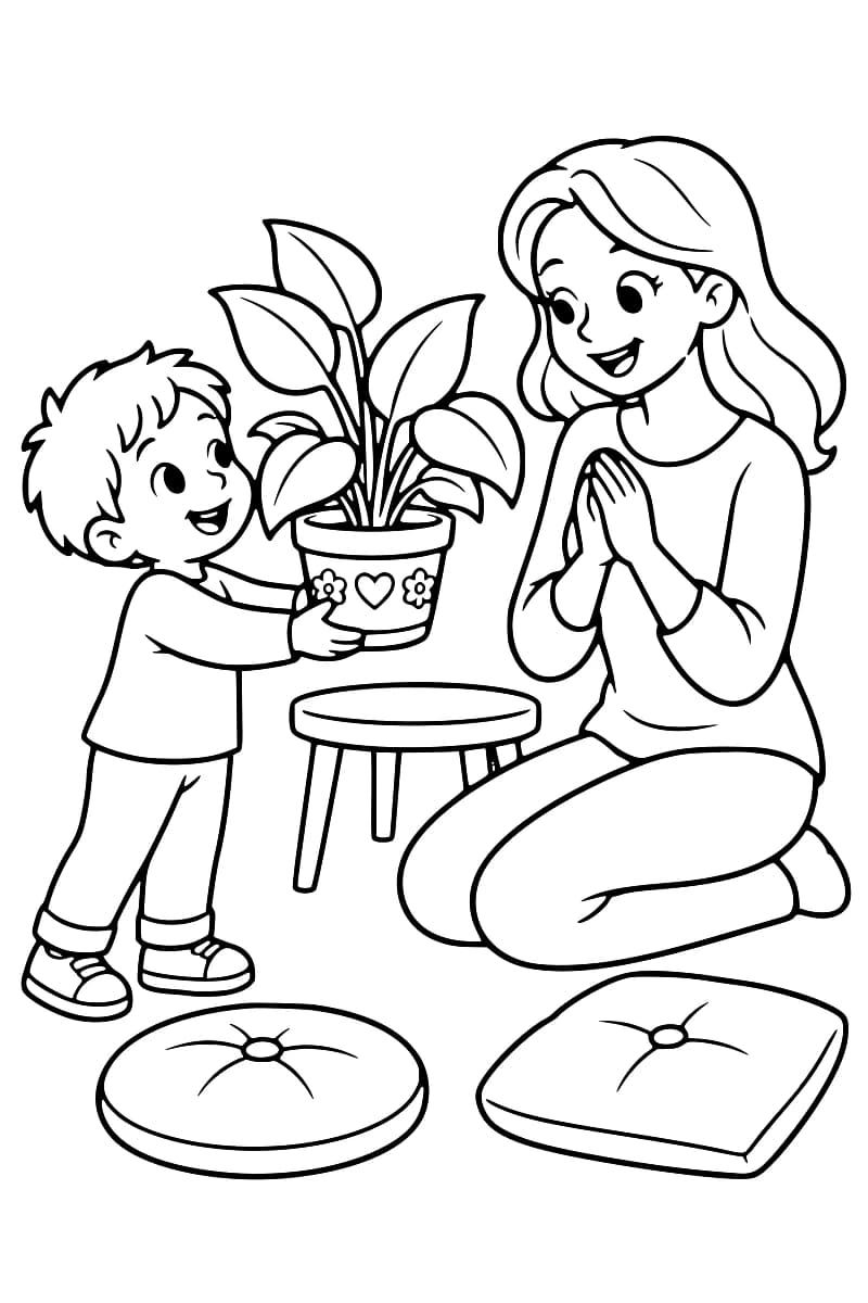 Dessin en noir et blanc d’un enfant offrant une plante en pot à une femme assise au sol dans un intérieur.