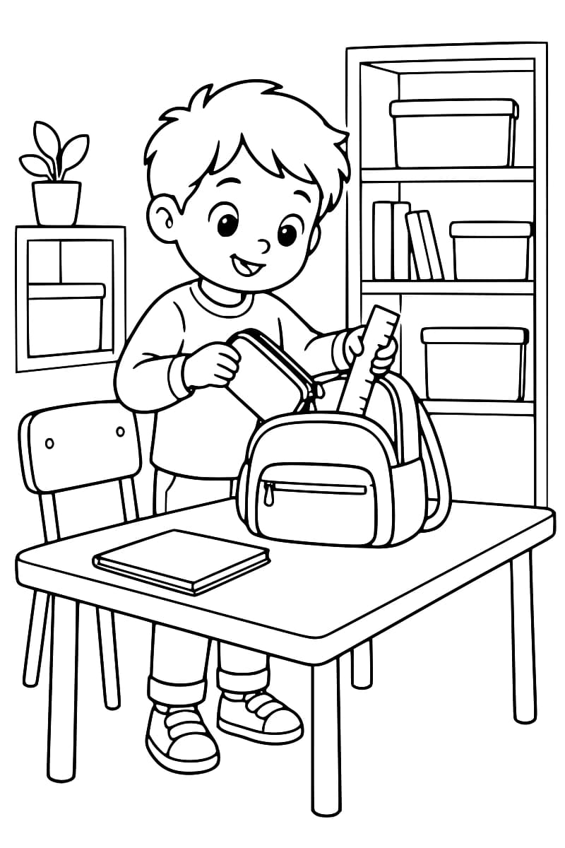 Dessin à colorier d’un enfant tenant une trousse et une règle au-dessus d’un cartable ouvert sur une table, avec un cahier, une chaise et des étagères contenant des livres et des boîtes.