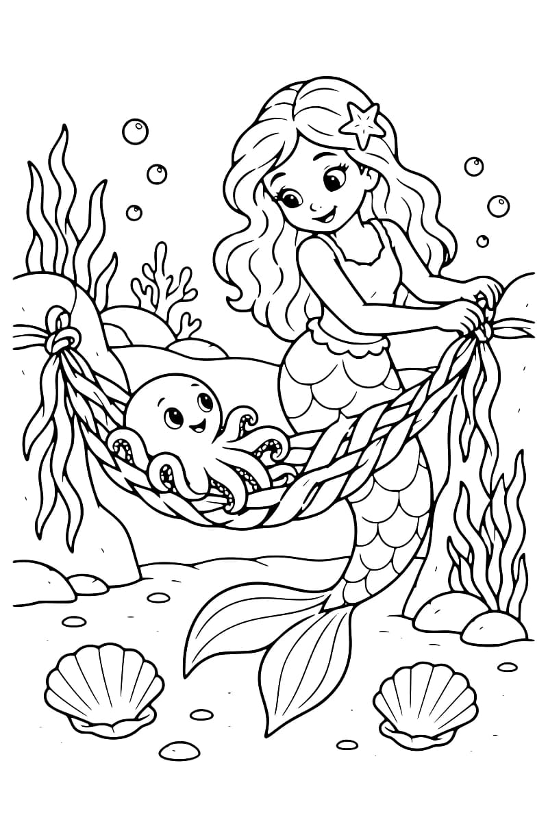 Dessin en noir et blanc d’une sirène portant une étoile de mer dans les cheveux et nouant un hamac où repose un petit poulpe, entourés d’algues, de rochers, de bulles et de deux coquillages.