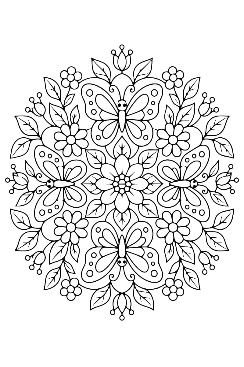 Un mandala de jardin avec des feuilles et des fleurs.