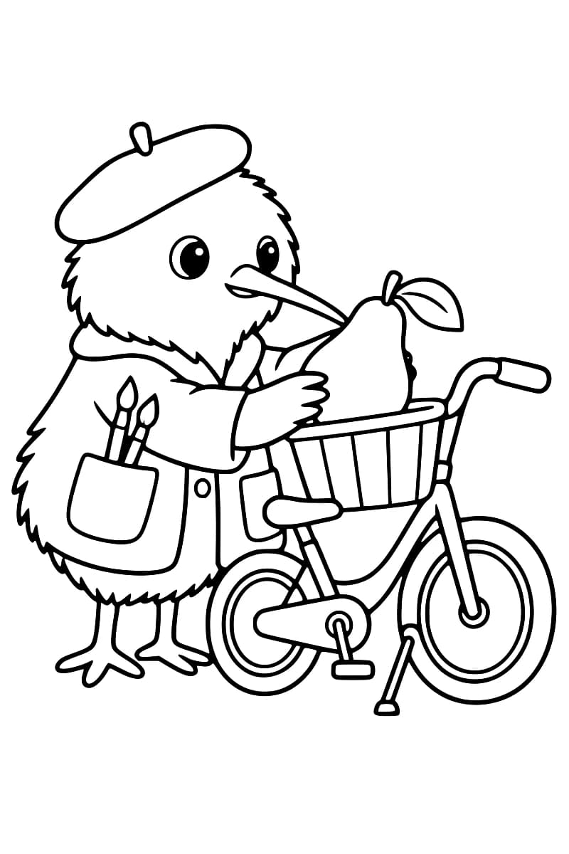 Dessin en noir et blanc d’un kiwi en béret, vêtu d’une veste avec deux pinceaux dans une poche, tenant une grosse poire à feuille dans le panier avant d’un petit vélo sur sa béquille.