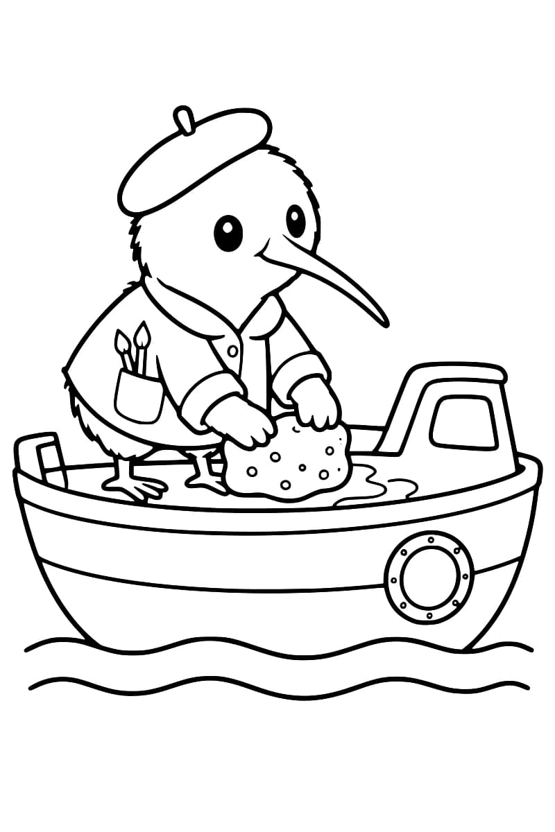 Dessin en noir et blanc d’un kiwi en béret et blouse, avec deux pinceaux dans sa poche, tenant une grande éponge sur le pont mouillé d’un bateau à cabine et à hublot rond, posé sur des vagues.
