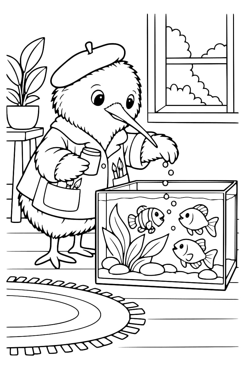 Dessin en noir et blanc d’un kiwi portant un béret et une veste, tenant un pot et laissant tomber des granules dans un aquarium contenant trois poissons, des plantes et des galets, près d’une fenêtre.