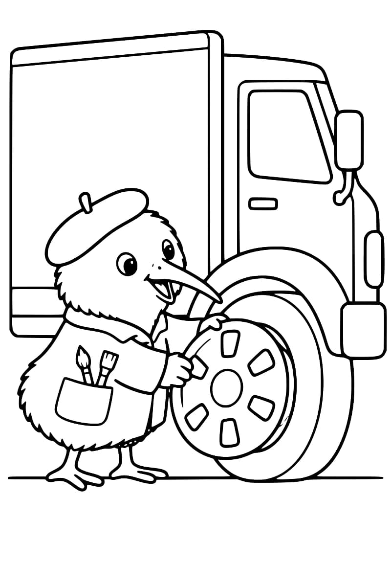 Dessin en noir et blanc d’un kiwi souriant au long bec, coiffé d’un béret et vêtu d’une blouse avec des pinceaux dans la poche, tenant un enjoliveur devant la roue avant d’un camion.
