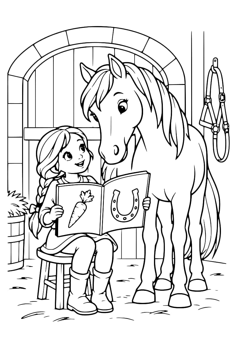 Dessin en noir et blanc d’une fillette aux cheveux tressés, assise près d’un cheval et tenant un livre ouvert illustré d’une carotte et d’un fer à cheval ; un licol est suspendu au mur.