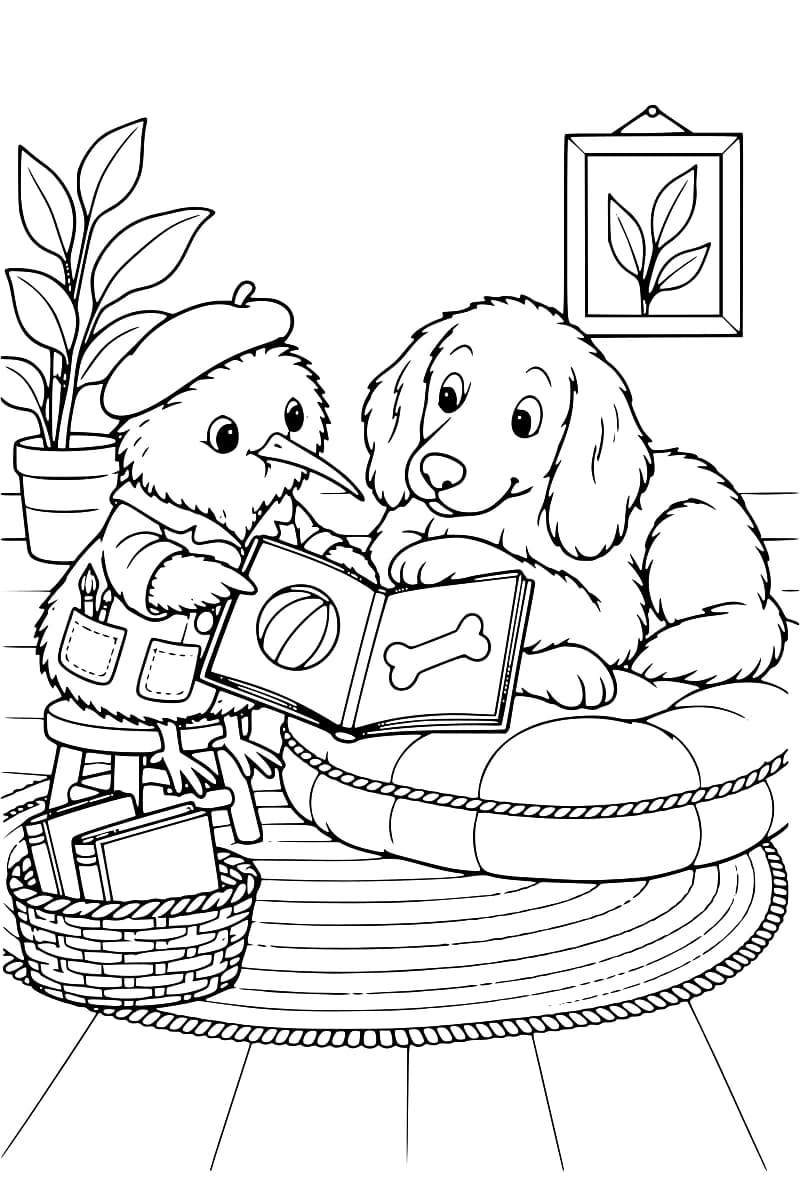 Dessin en noir et blanc d’un oiseau en béret assis sur un tabouret devant un chien aux longues oreilles, installé sur un grand coussin rond. Ils regardent un livre ouvert illustré d’un ballon et d’un os, près d’un panier de livres, d’une plante en pot et d’un tableau de feuilles.