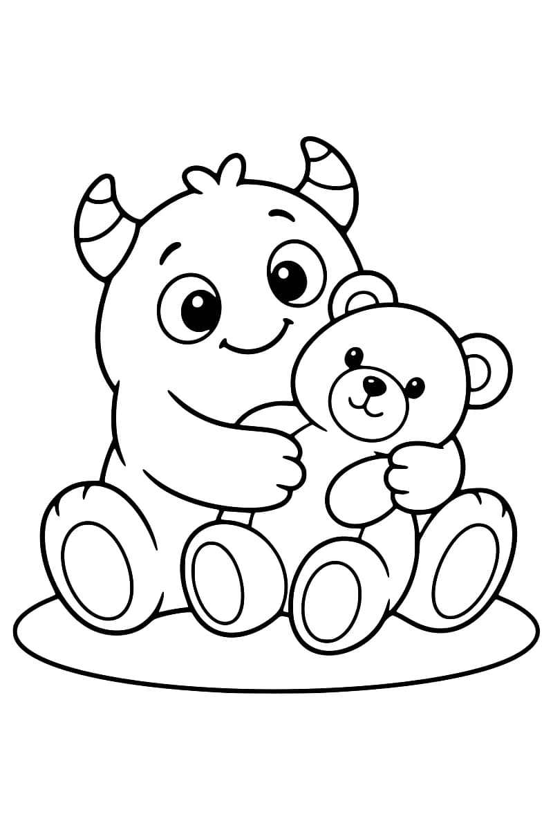Dessin à colorier d’un monstre souriant aux deux cornes rayées, assis sur un tapis ovale et tenant un ours en peluche dans ses bras.