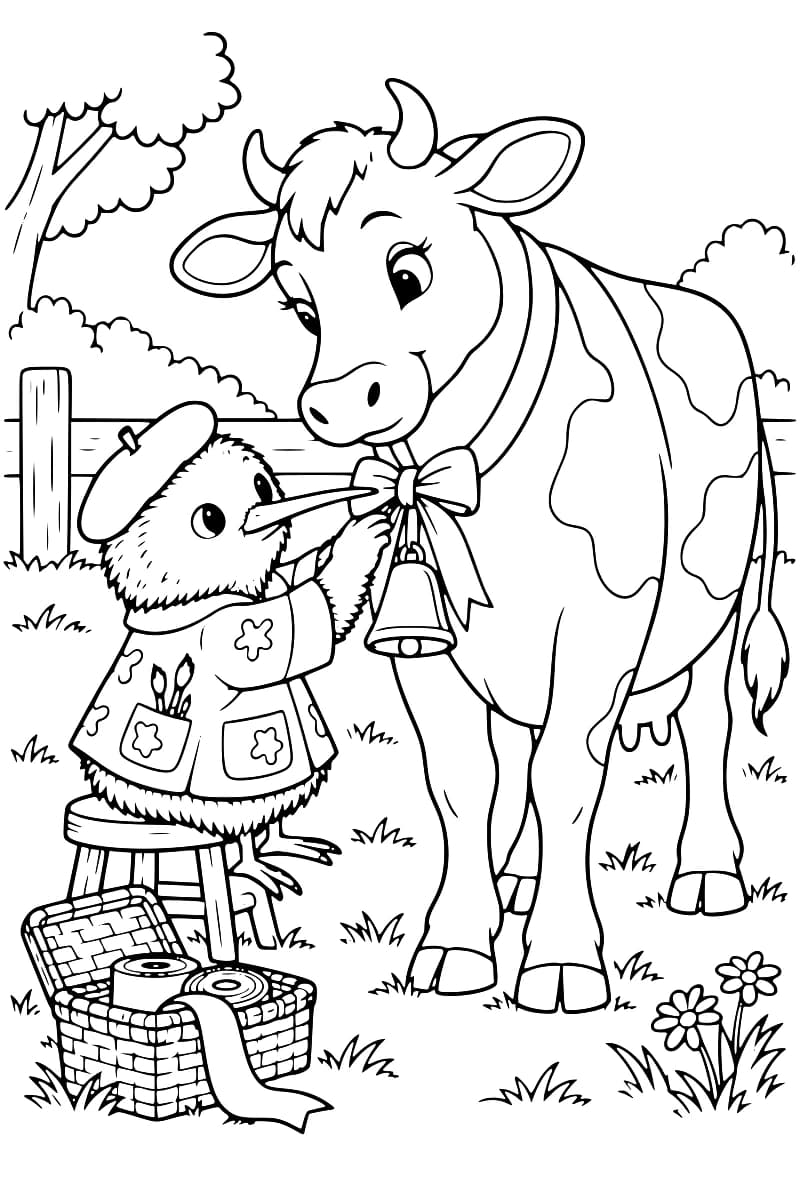 Dessin en noir et blanc d’un petit oiseau coiffé d’un béret, assis sur un tabouret devant une vache et ajustant le nœud de son collier à clochette. Un panier ouvert contenant des rouleaux de ruban est posé au sol, près de fleurs, devant une clôture et des arbres.