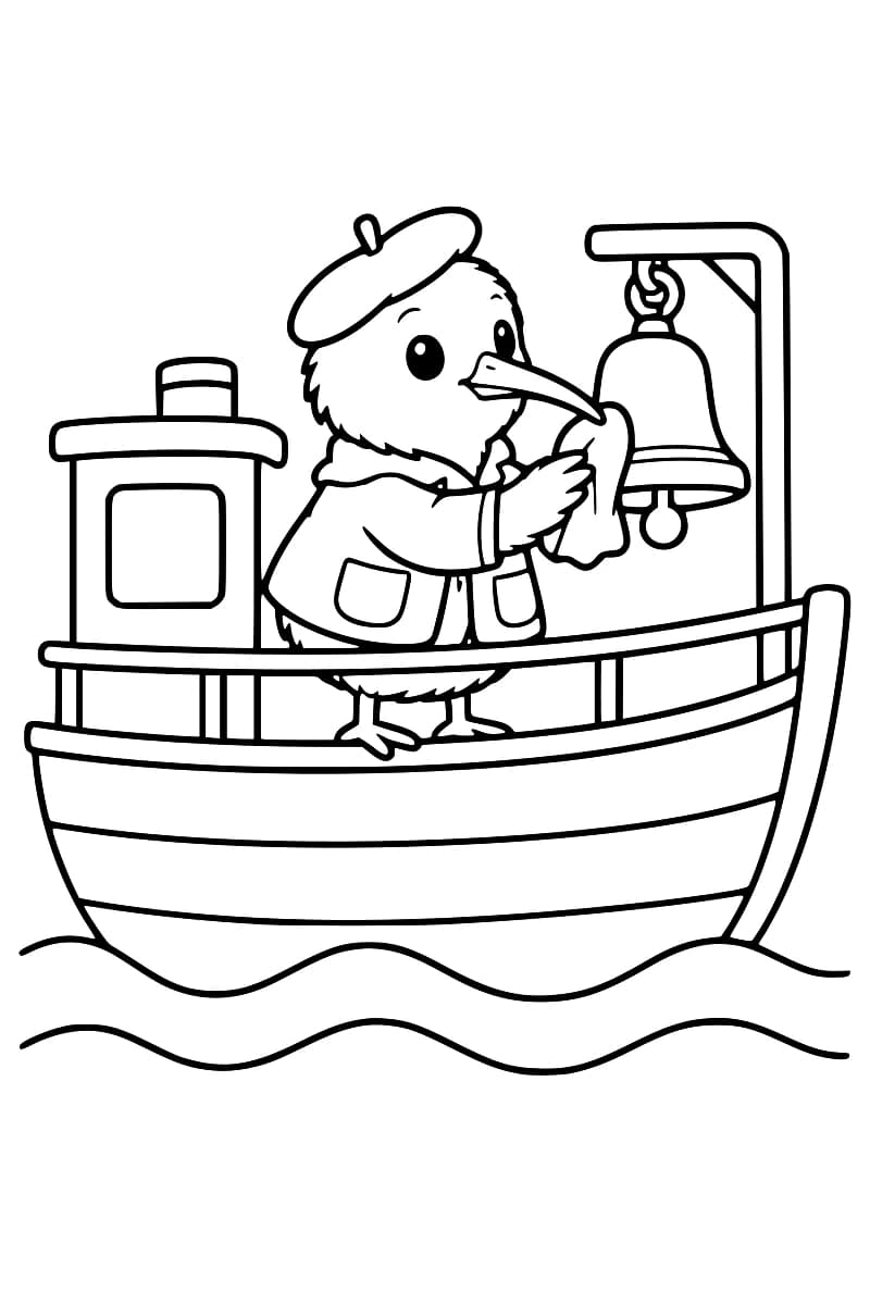 Dessin en noir et blanc d’un oiseau en veste et béret tenant un chiffon contre une grande cloche, à bord d’un bateau à cabine entouré de vagues.