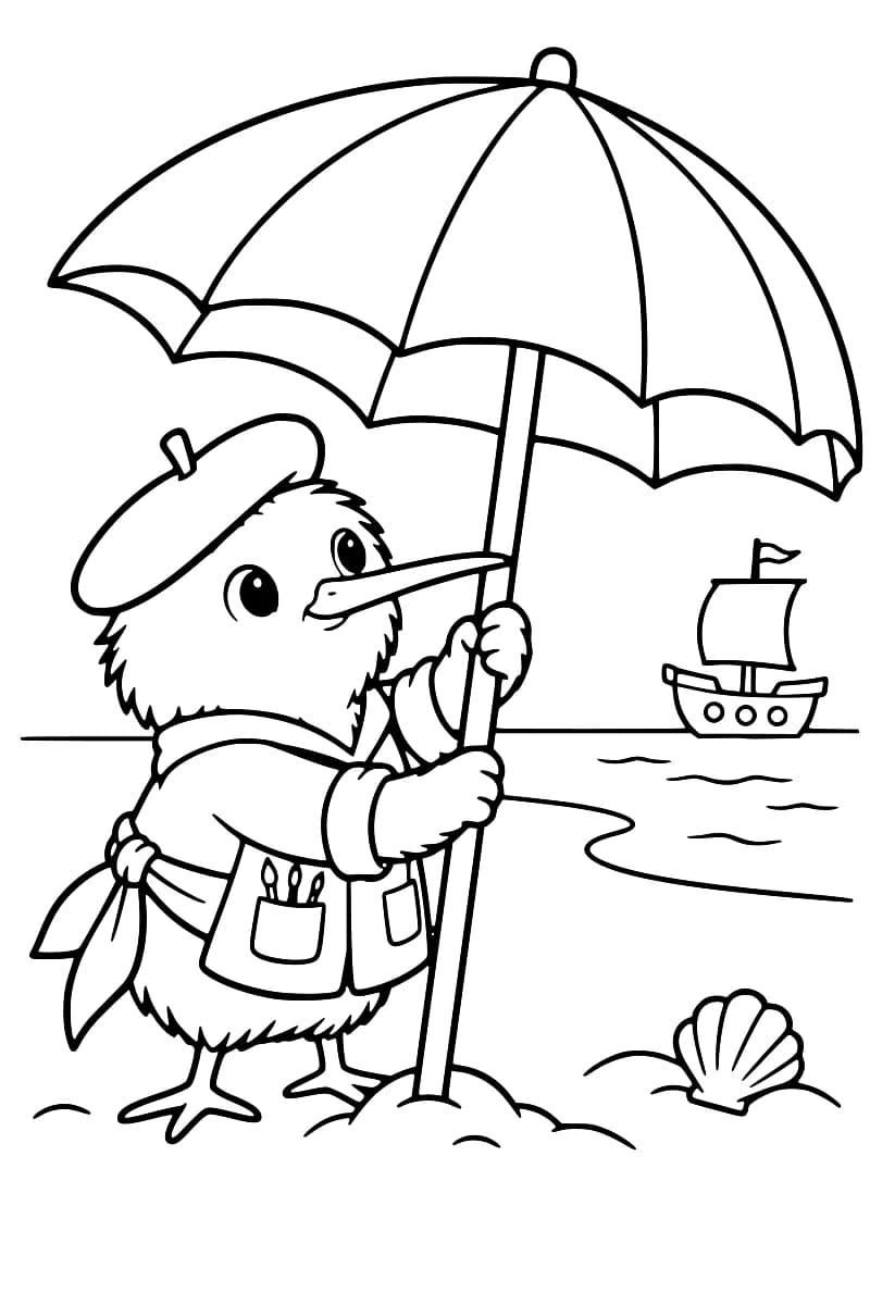 Dessin à colorier d’un oiseau au long bec portant un béret, une veste avec des pinceaux dans une poche et un foulard noué à la taille, tenant le mât d’un parasol ouvert sur une plage avec un coquillage et un petit voilier.
