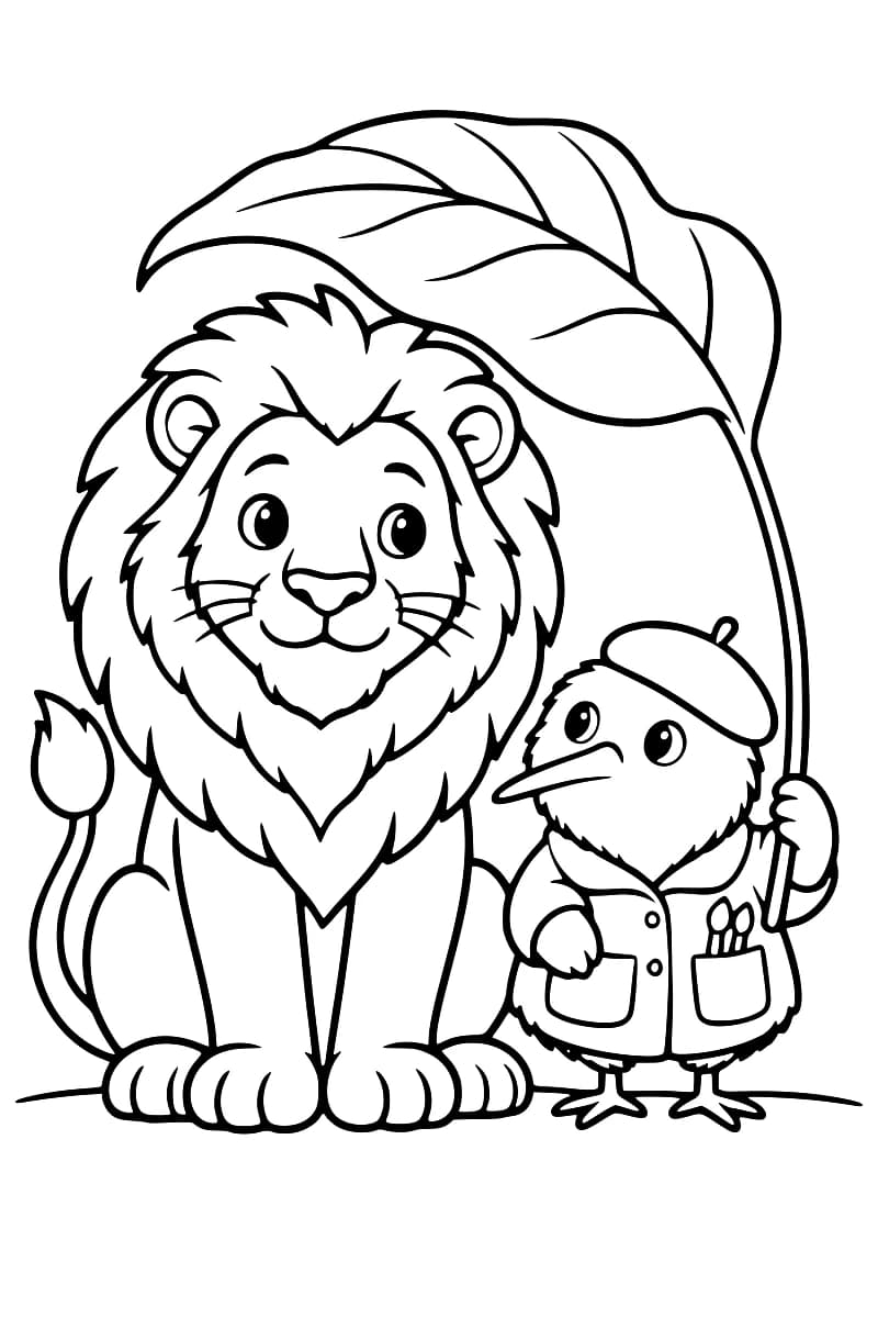 Dessin à colorier d’un lion assis à côté d’un petit oiseau debout, vêtu d’un béret et d’une veste, qui tient la tige d’une grande feuille au-dessus d’eux.