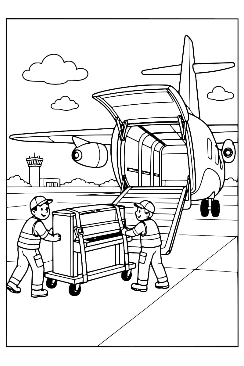 Dessin en noir et blanc de deux agents déplaçant un piano droit sanglé sur un chariot à roulettes devant la rampe abaissée d’un avion cargo, avec une tour de contrôle en arrière-plan.