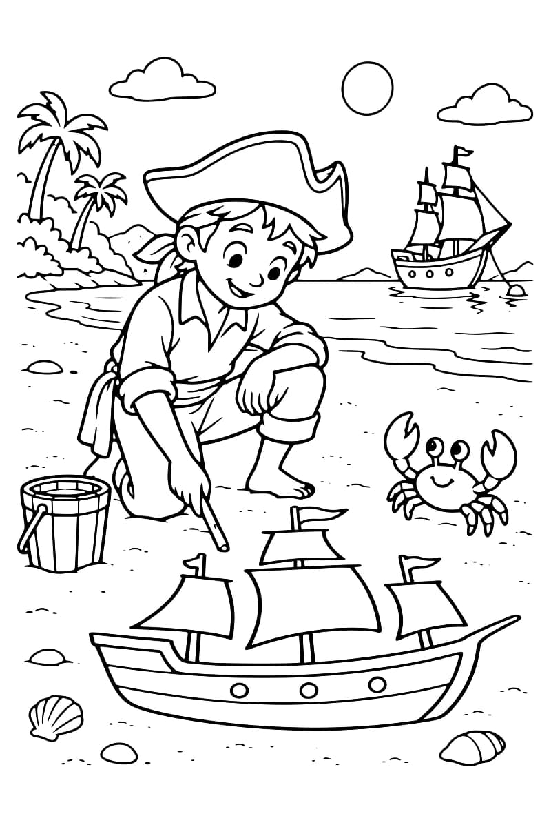 Dessin en noir et blanc d’un jeune pirate agenouillé sur une plage, un bâton à la main devant un grand voilier tracé dans le sable, avec un seau, un crabe et des coquillages autour de lui, des palmiers et un bateau sur l’eau à l’arrière-plan.