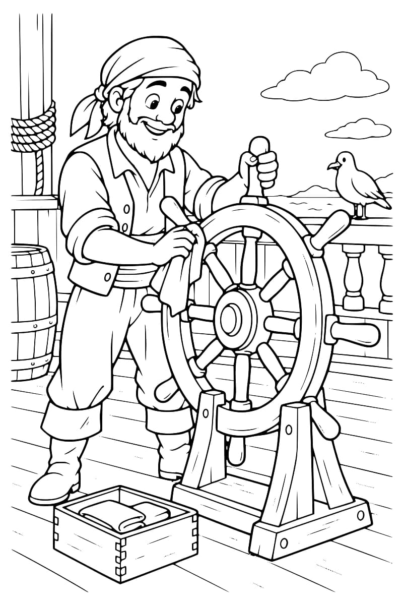 Dessin en noir et blanc d’un pirate souriant qui essuie une roue de gouvernail fixée sur un support en bois, avec une caisse de chiffons à ses pieds, un tonneau à gauche et un oiseau perché sur la rambarde.