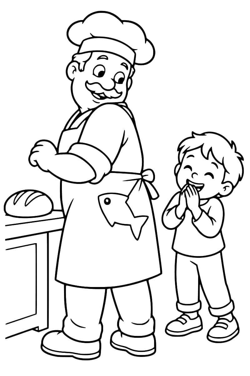 Dessin en noir et blanc d’un boulanger portant une toque et un tablier avec un poisson accroché dans le dos, à côté d’un enfant qui rit les mains près de la bouche et d’un pain posé sur un comptoir.