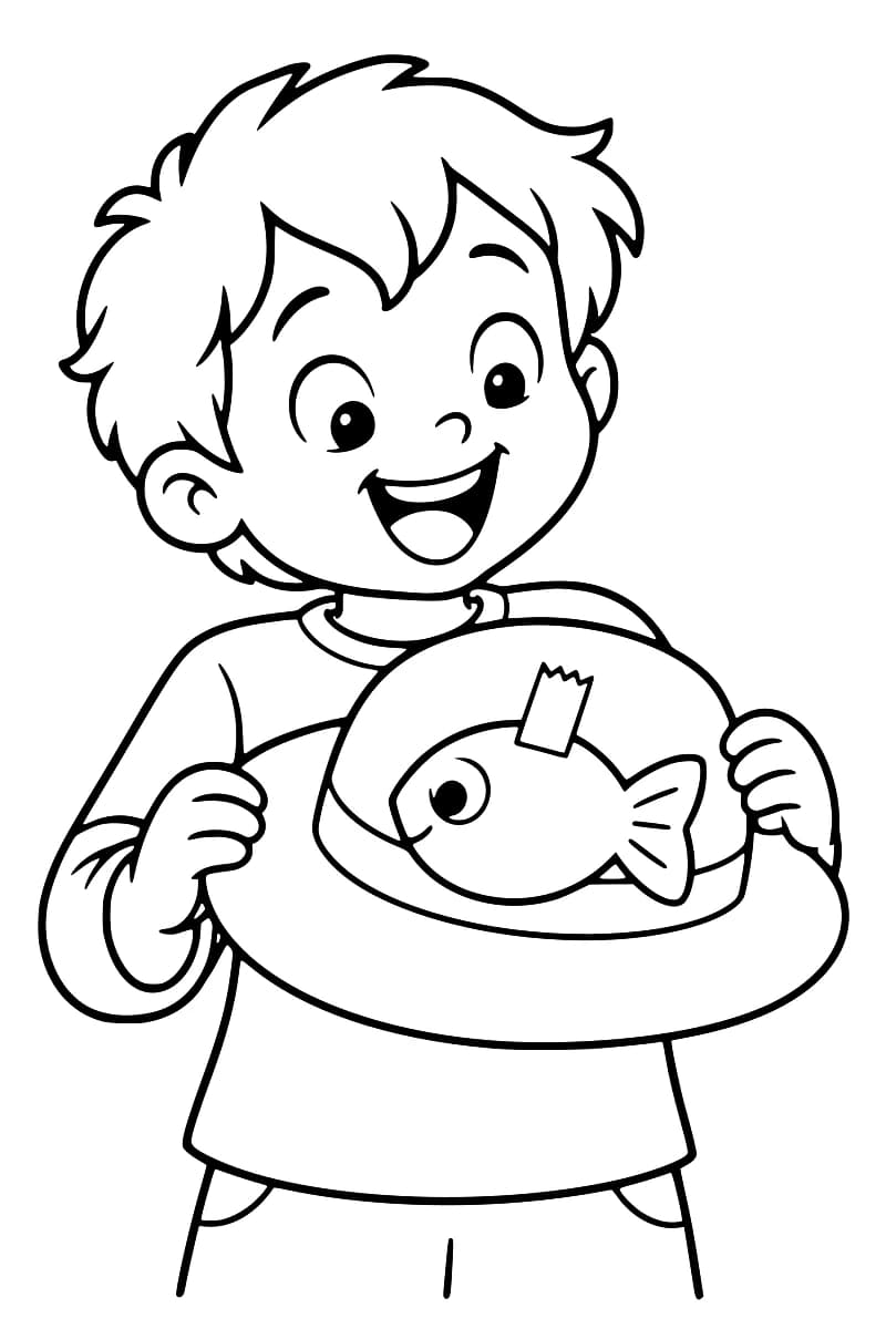 Dessin en noir et blanc d’un enfant souriant tenant à deux mains un chapeau à large bord, avec un poisson en papier fixé sur le devant par une bande adhésive.