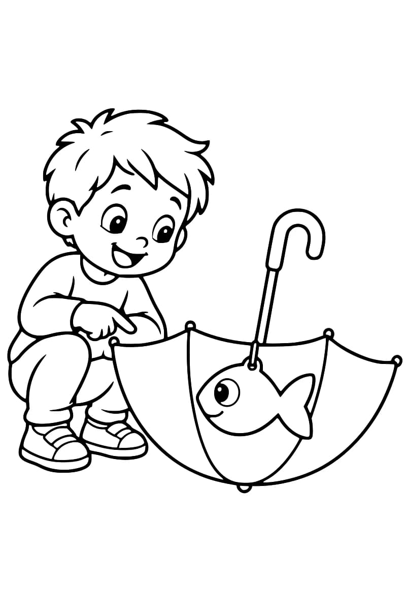 Dessin en noir et blanc d’un enfant souriant, accroupi à côté d’un parapluie retourné dont le manche est dressé, avec un poisson accroché près de la tige.