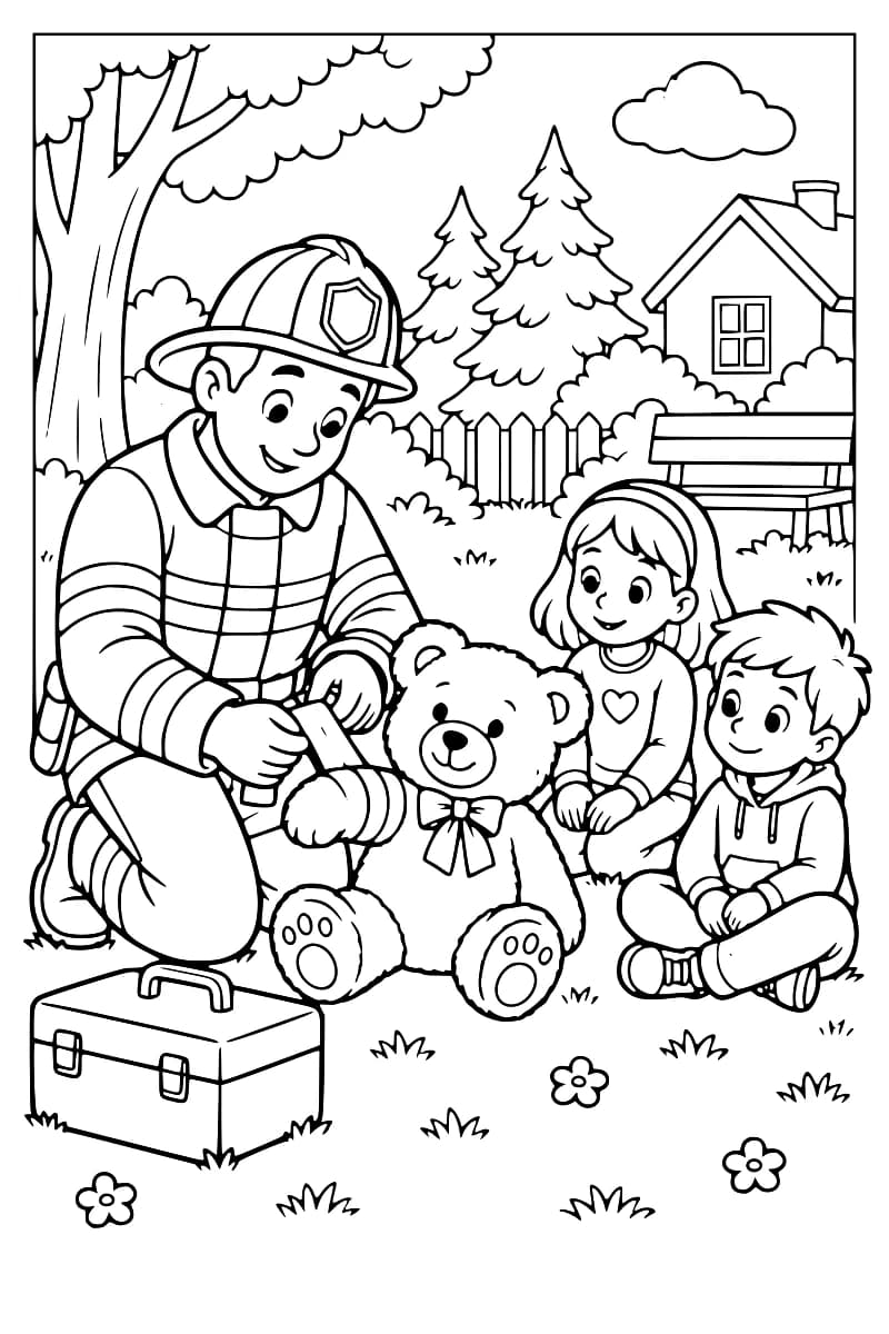 Dessin à colorier d’un pompier agenouillé posant un bandage sur le bras d’un nounours, devant deux enfants assis dans un jardin, avec une mallette au premier plan.