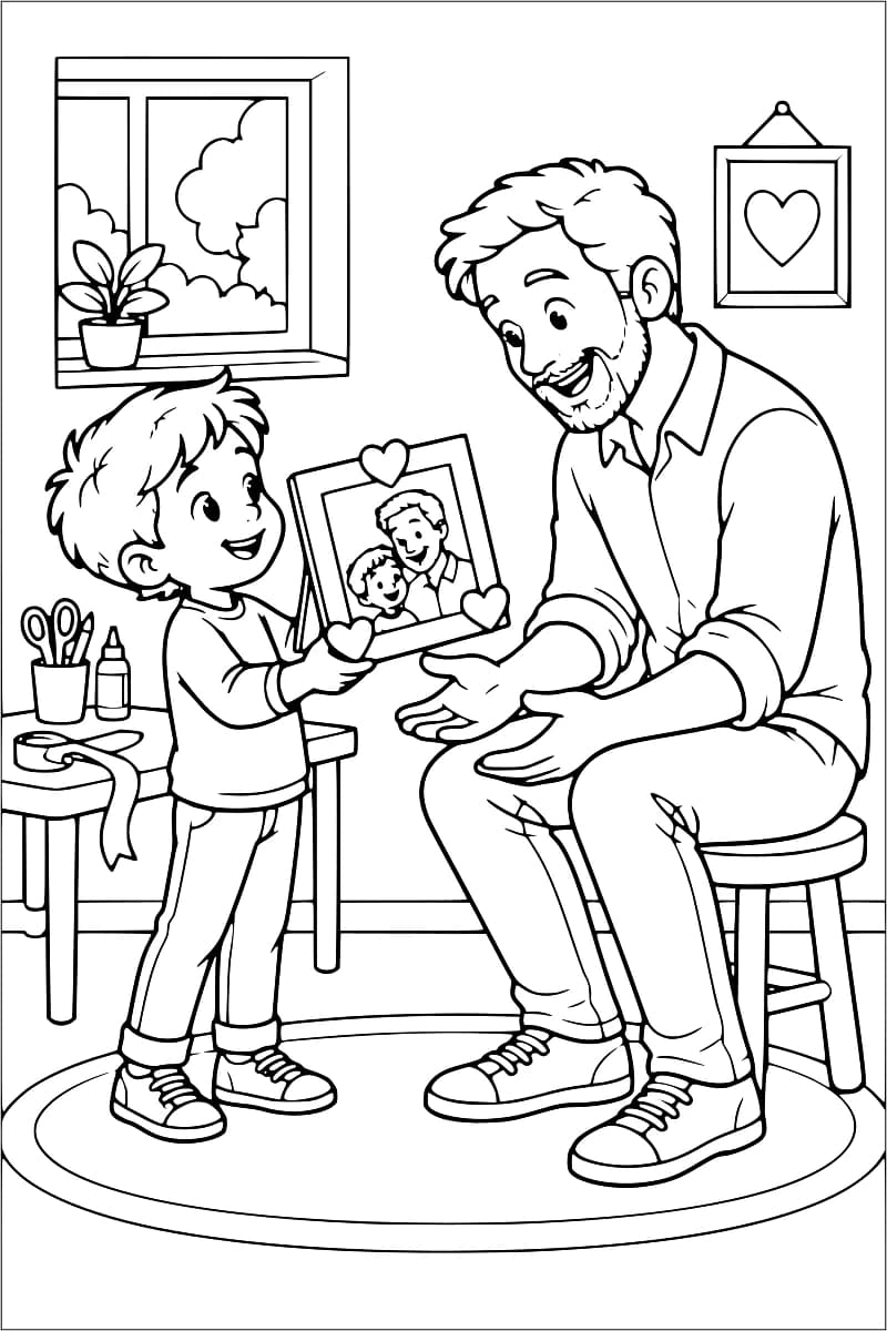 Dessin à colorier d’un enfant présentant un cadre décoré de trois cœurs à son père souriant, assis sur un tabouret et tendant les mains. Le cadre contient leur portrait, et du matériel de bricolage est posé sur une table à côté.