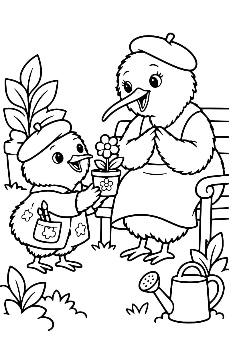Dessin à colorier montrant un petit oiseau en béret et tablier offrant une fleur en pot à un grand oiseau en robe et béret, assis sur un banc, les mains jointes, avec des plantes et un arrosoir autour.